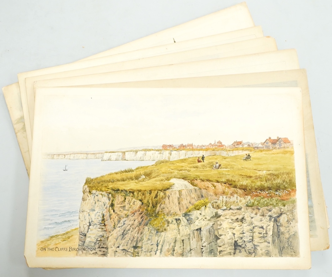 Alfred Robert Quinton (1853-1934), Set of six original watercolours for postcard designs, Kent coastal views to include: On the Cliffs, Birchington, Walmer Castle, Promenade and Cliffs, Cliftonville and The Harbour, Whit